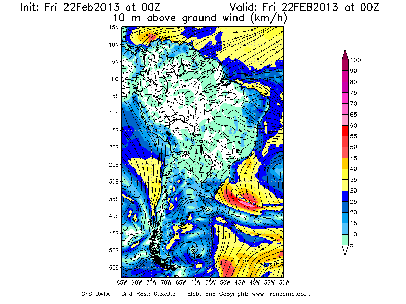 Mappa di analisi GFS - Velocità del vento a 10 metri dal suolo [km/h] in Sud-America
							del 22/02/2013 00 <!--googleoff: index-->UTC<!--googleon: index-->