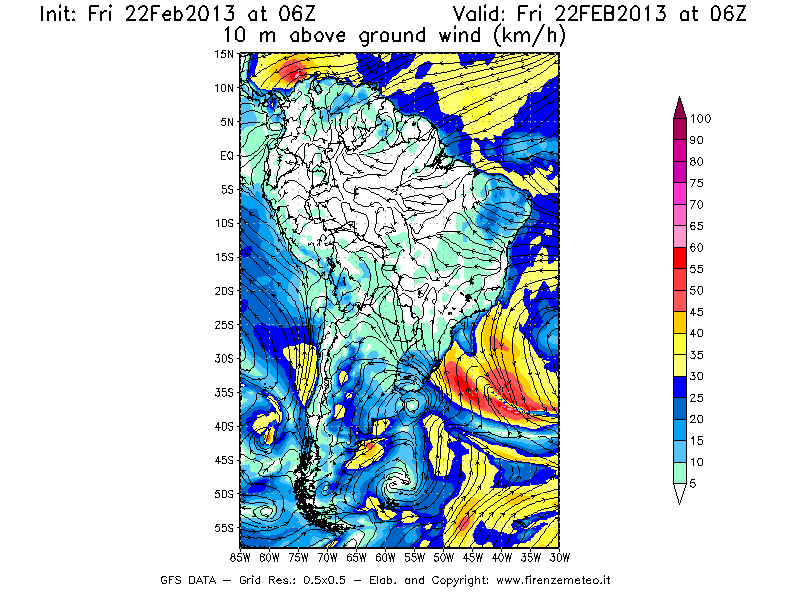 Mappa di analisi GFS - Velocità del vento a 10 metri dal suolo [km/h] in Sud-America
							del 22/02/2013 06 <!--googleoff: index-->UTC<!--googleon: index-->
