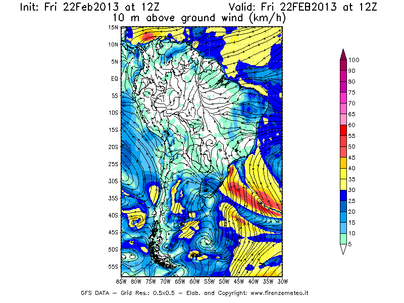 Mappa di analisi GFS - Velocità del vento a 10 metri dal suolo [km/h] in Sud-America
							del 22/02/2013 12 <!--googleoff: index-->UTC<!--googleon: index-->