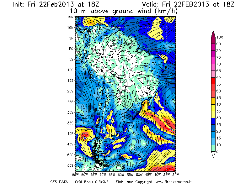Mappa di analisi GFS - Velocità del vento a 10 metri dal suolo [km/h] in Sud-America
							del 22/02/2013 18 <!--googleoff: index-->UTC<!--googleon: index-->