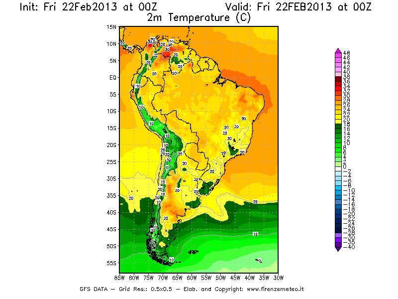 Mappa di analisi GFS - Temperatura a 2 metri dal suolo [°C] in Sud-America
							del 22/02/2013 00 <!--googleoff: index-->UTC<!--googleon: index-->