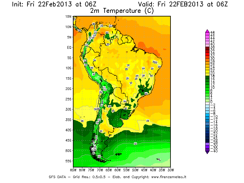 Mappa di analisi GFS - Temperatura a 2 metri dal suolo [°C] in Sud-America
							del 22/02/2013 06 <!--googleoff: index-->UTC<!--googleon: index-->