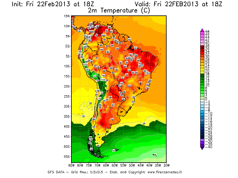Mappa di analisi GFS - Temperatura a 2 metri dal suolo [°C] in Sud-America
							del 22/02/2013 18 <!--googleoff: index-->UTC<!--googleon: index-->