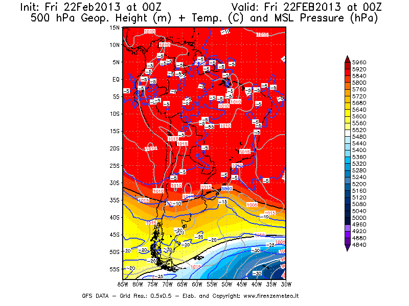 Mappa di analisi GFS - Geopotenziale [m] + Temp. [°C] a 500 hPa + Press. a livello del mare [hPa] in Sud-America
							del 22/02/2013 00 <!--googleoff: index-->UTC<!--googleon: index-->
