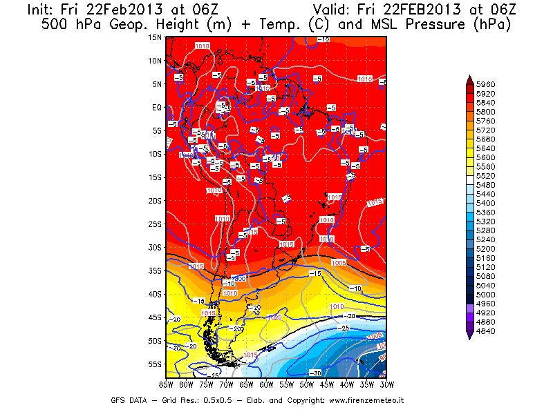 Mappa di analisi GFS - Geopotenziale [m] + Temp. [°C] a 500 hPa + Press. a livello del mare [hPa] in Sud-America
							del 22/02/2013 06 <!--googleoff: index-->UTC<!--googleon: index-->