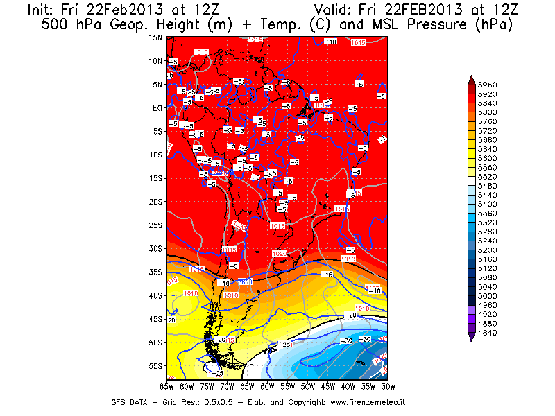 Mappa di analisi GFS - Geopotenziale [m] + Temp. [°C] a 500 hPa + Press. a livello del mare [hPa] in Sud-America
							del 22/02/2013 12 <!--googleoff: index-->UTC<!--googleon: index-->