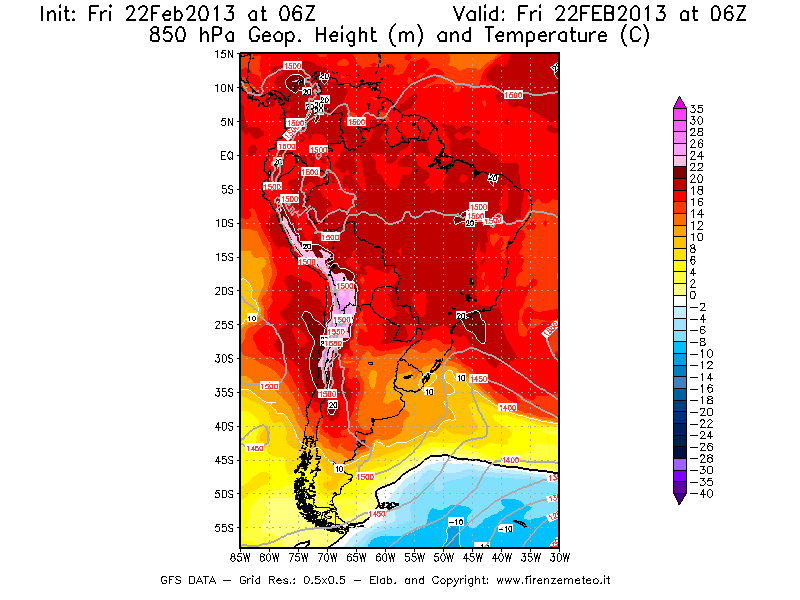 Mappa di analisi GFS - Geopotenziale [m] e Temperatura [°C] a 850 hPa in Sud-America
							del 22/02/2013 06 <!--googleoff: index-->UTC<!--googleon: index-->