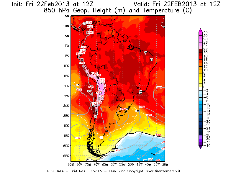 Mappa di analisi GFS - Geopotenziale [m] e Temperatura [°C] a 850 hPa in Sud-America
							del 22/02/2013 12 <!--googleoff: index-->UTC<!--googleon: index-->