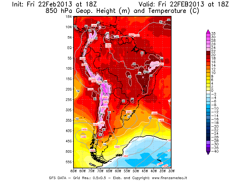 Mappa di analisi GFS - Geopotenziale [m] e Temperatura [°C] a 850 hPa in Sud-America
							del 22/02/2013 18 <!--googleoff: index-->UTC<!--googleon: index-->
