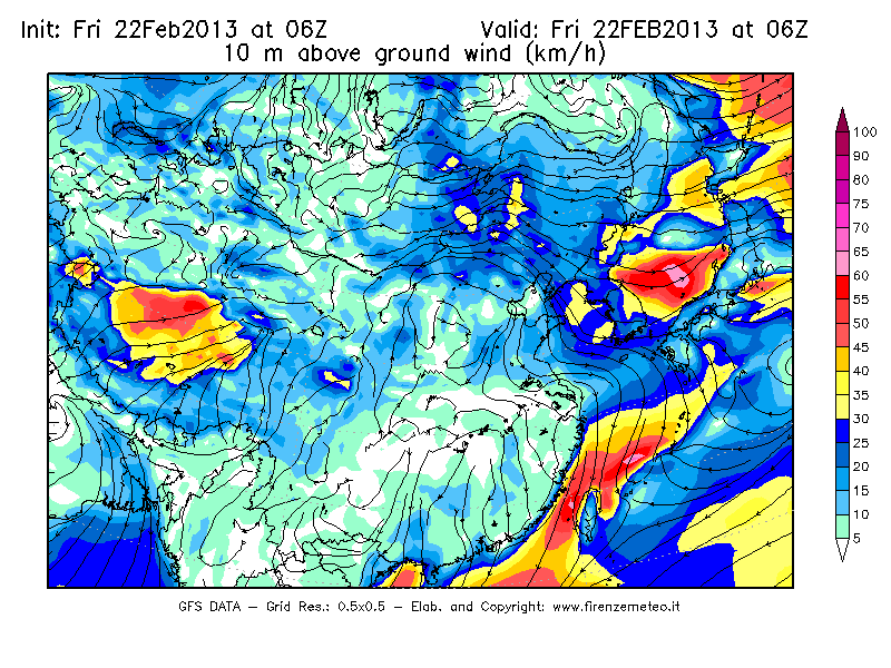 Mappa di analisi GFS - Velocità del vento a 10 metri dal suolo [km/h] in Asia Orientale
							del 22/02/2013 06 <!--googleoff: index-->UTC<!--googleon: index-->