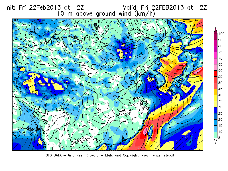 Mappa di analisi GFS - Velocità del vento a 10 metri dal suolo [km/h] in Asia Orientale
							del 22/02/2013 12 <!--googleoff: index-->UTC<!--googleon: index-->