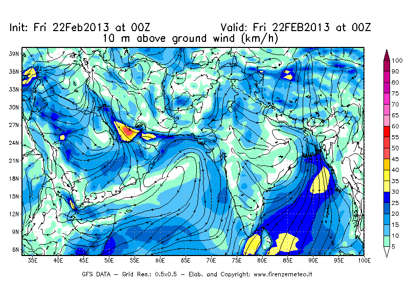 Mappa di analisi GFS - Velocità del vento a 10 metri dal suolo [km/h] in Asia Sud-Occidentale
							del 22/02/2013 00 <!--googleoff: index-->UTC<!--googleon: index-->