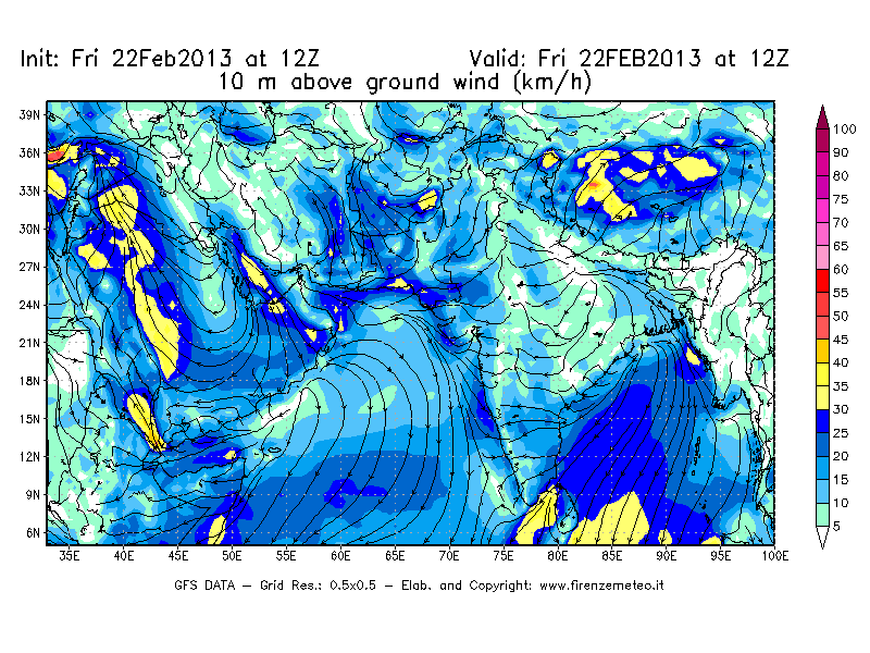 Mappa di analisi GFS - Velocità del vento a 10 metri dal suolo [km/h] in Asia Sud-Occidentale
							del 22/02/2013 12 <!--googleoff: index-->UTC<!--googleon: index-->