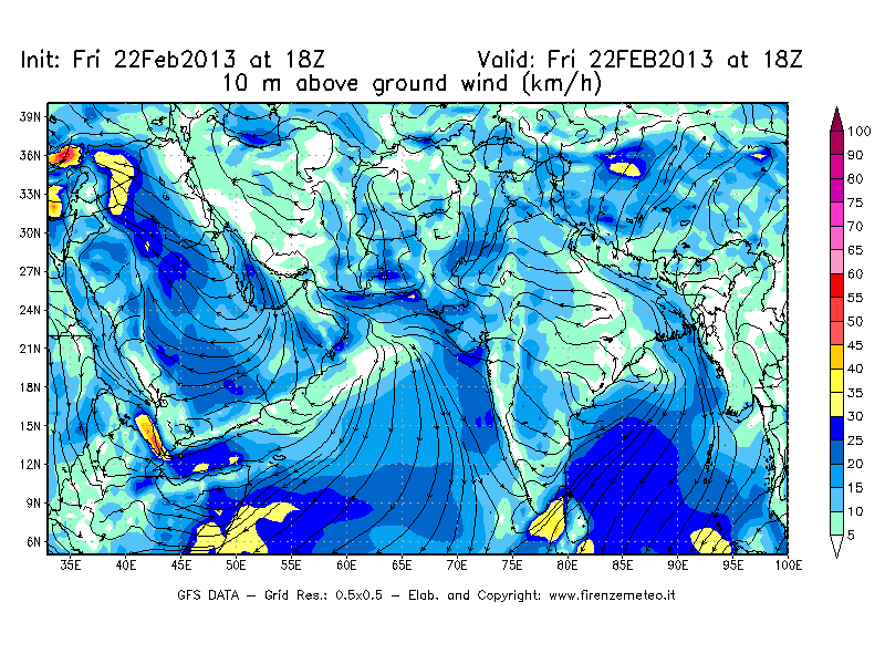 Mappa di analisi GFS - Velocità del vento a 10 metri dal suolo [km/h] in Asia Sud-Occidentale
							del 22/02/2013 18 <!--googleoff: index-->UTC<!--googleon: index-->
