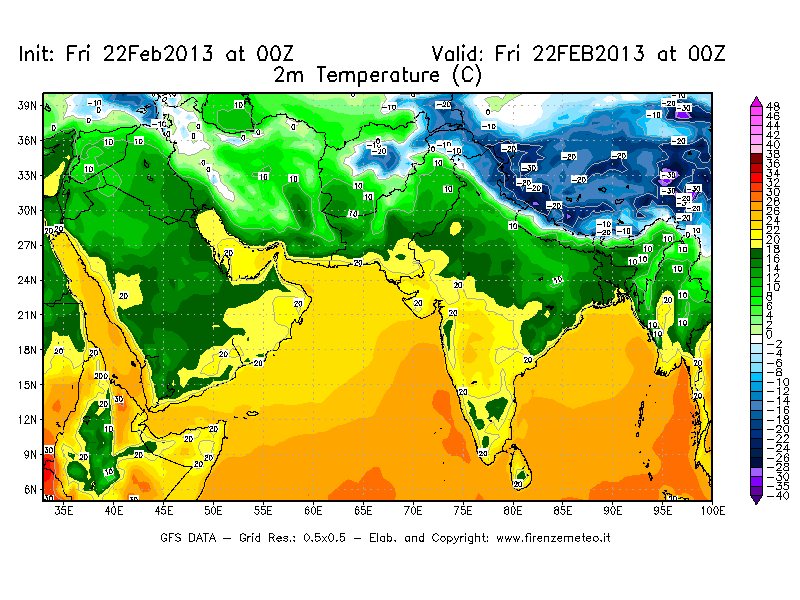 Mappa di analisi GFS - Temperatura a 2 metri dal suolo [°C] in Asia Sud-Occidentale
							del 22/02/2013 00 <!--googleoff: index-->UTC<!--googleon: index-->