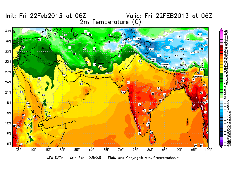Mappa di analisi GFS - Temperatura a 2 metri dal suolo [°C] in Asia Sud-Occidentale
							del 22/02/2013 06 <!--googleoff: index-->UTC<!--googleon: index-->