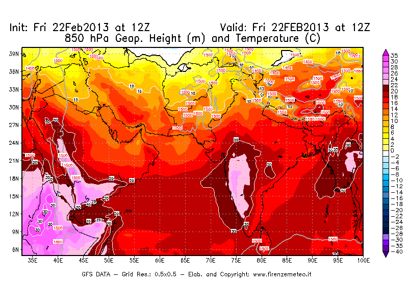 Mappa di analisi GFS - Geopotenziale [m] e Temperatura [°C] a 850 hPa in Asia Sud-Occidentale
							del 22/02/2013 12 <!--googleoff: index-->UTC<!--googleon: index-->