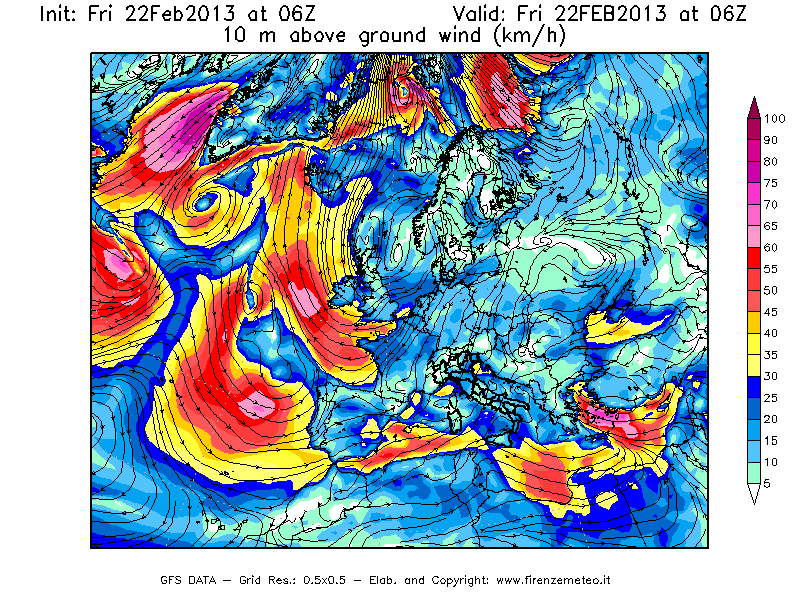Mappa di analisi GFS - Velocità del vento a 10 metri dal suolo [km/h] in Europa
							del 22/02/2013 06 <!--googleoff: index-->UTC<!--googleon: index-->