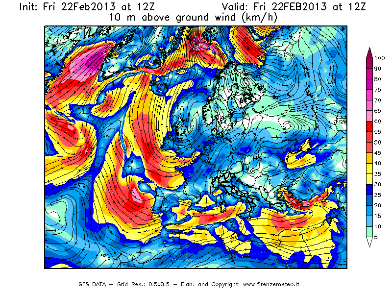 Mappa di analisi GFS - Velocità del vento a 10 metri dal suolo [km/h] in Europa
							del 22/02/2013 12 <!--googleoff: index-->UTC<!--googleon: index-->