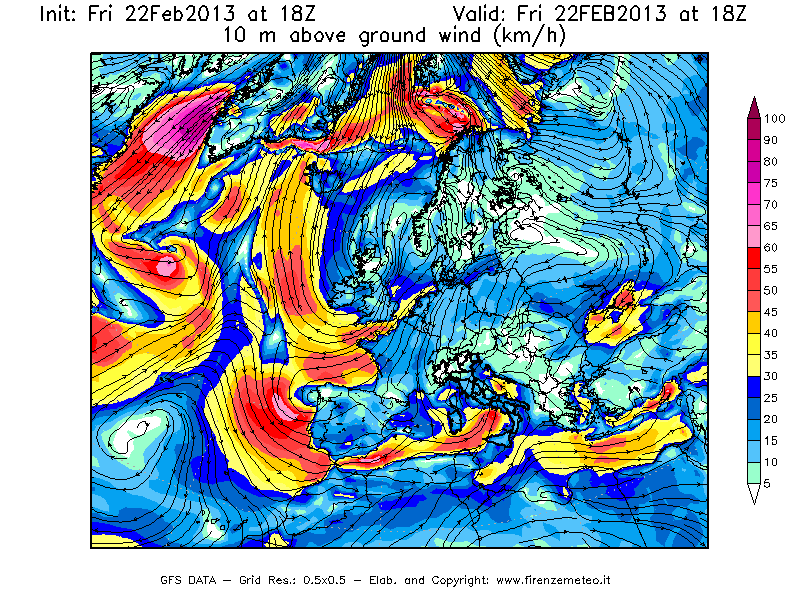 Mappa di analisi GFS - Velocità del vento a 10 metri dal suolo [km/h] in Europa
							del 22/02/2013 18 <!--googleoff: index-->UTC<!--googleon: index-->