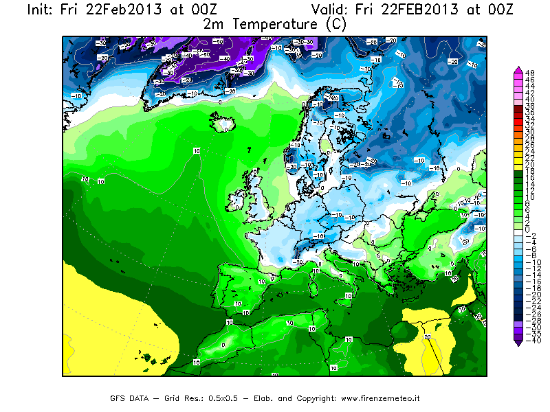 Mappa di analisi GFS - Temperatura a 2 metri dal suolo [°C] in Europa
							del 22/02/2013 00 <!--googleoff: index-->UTC<!--googleon: index-->