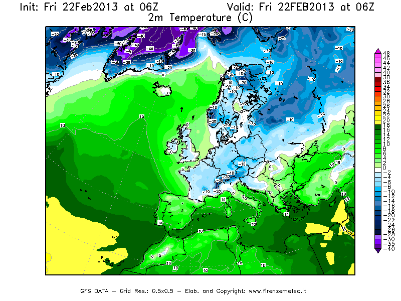 Mappa di analisi GFS - Temperatura a 2 metri dal suolo [°C] in Europa
							del 22/02/2013 06 <!--googleoff: index-->UTC<!--googleon: index-->