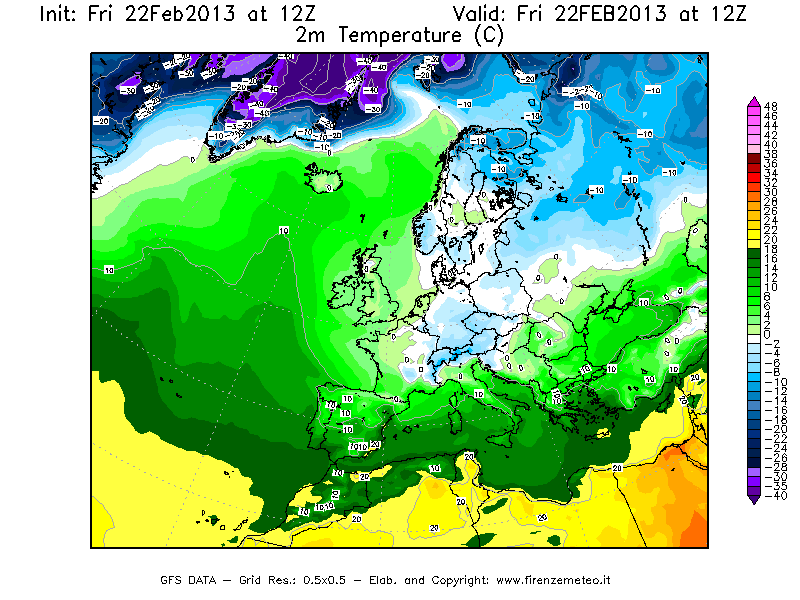 Mappa di analisi GFS - Temperatura a 2 metri dal suolo [°C] in Europa
							del 22/02/2013 12 <!--googleoff: index-->UTC<!--googleon: index-->
