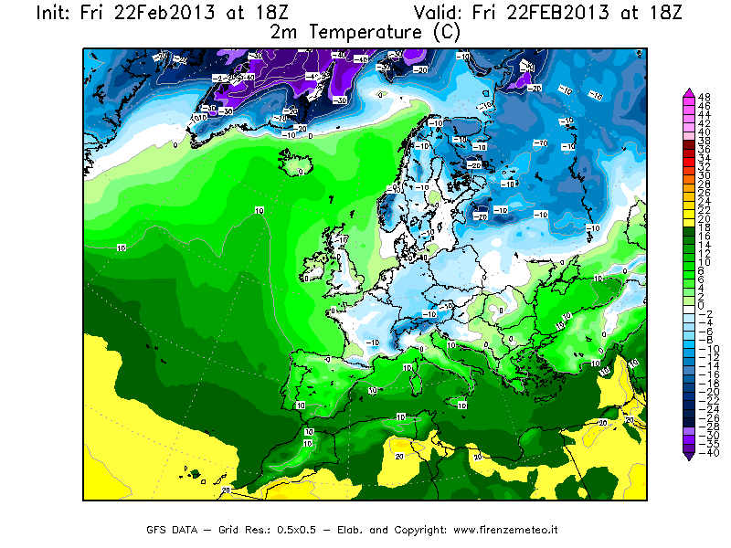 Mappa di analisi GFS - Temperatura a 2 metri dal suolo [°C] in Europa
							del 22/02/2013 18 <!--googleoff: index-->UTC<!--googleon: index-->