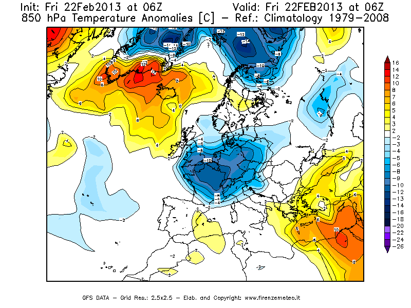 Mappa di analisi GFS - Anomalia Temperatura [°C] a 850 hPa in Europa
							del 22/02/2013 06 <!--googleoff: index-->UTC<!--googleon: index-->