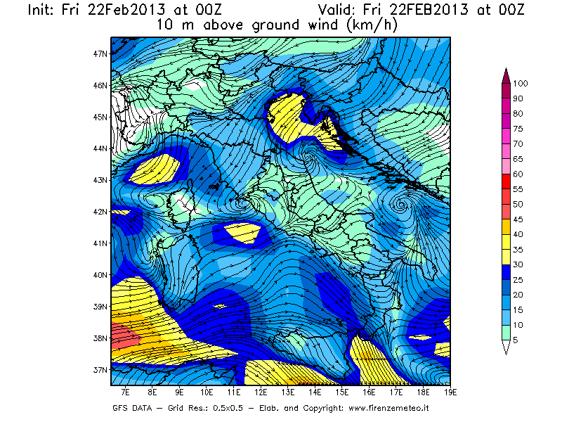 Mappa di analisi GFS - Velocità del vento a 10 metri dal suolo [km/h] in Italia
							del 22/02/2013 00 <!--googleoff: index-->UTC<!--googleon: index-->