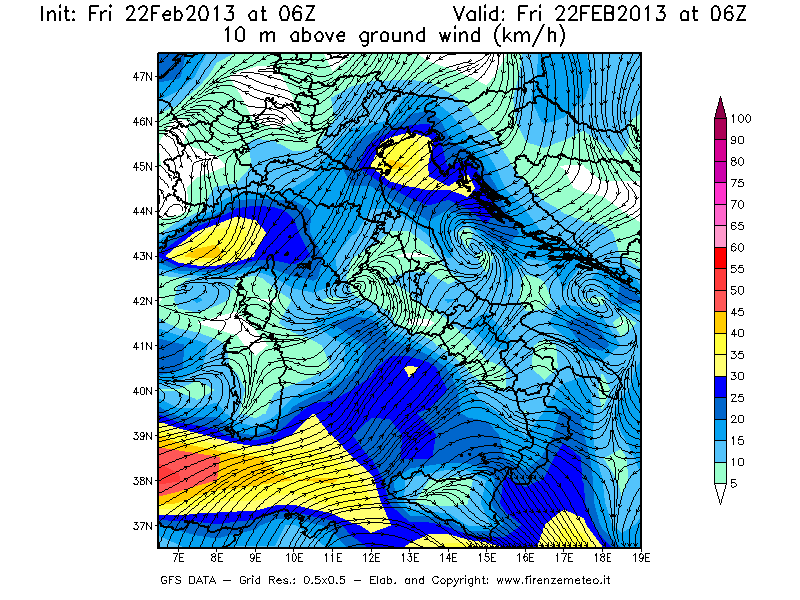 Mappa di analisi GFS - Velocità del vento a 10 metri dal suolo [km/h] in Italia
							del 22/02/2013 06 <!--googleoff: index-->UTC<!--googleon: index-->