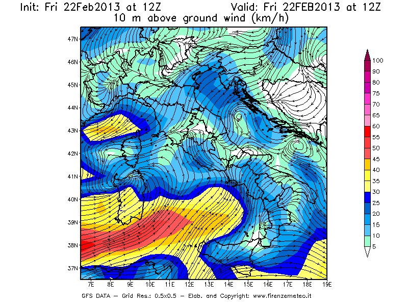 Mappa di analisi GFS - Velocità del vento a 10 metri dal suolo [km/h] in Italia
							del 22/02/2013 12 <!--googleoff: index-->UTC<!--googleon: index-->