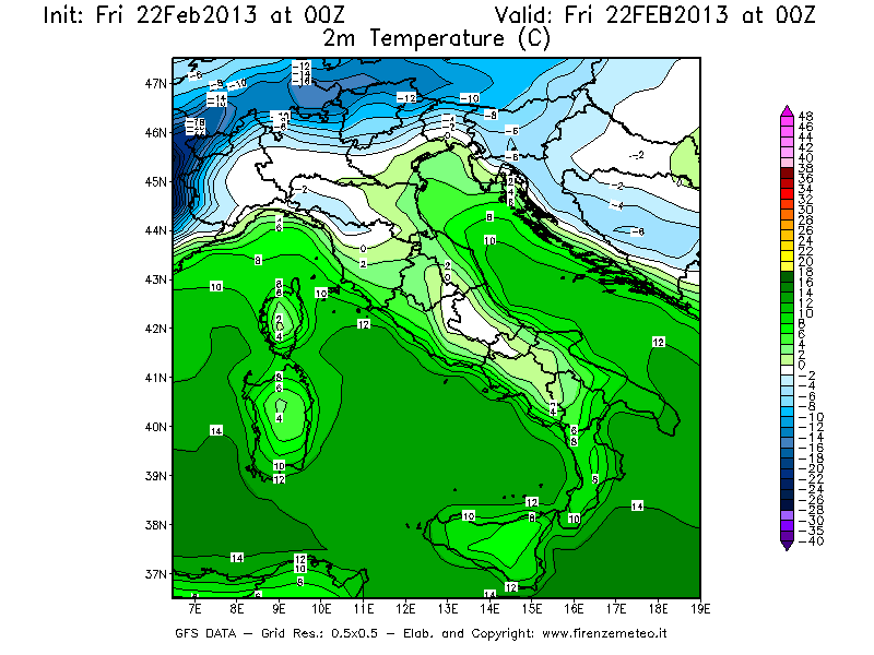 Mappa di analisi GFS - Temperatura a 2 metri dal suolo [°C] in Italia
							del 22/02/2013 00 <!--googleoff: index-->UTC<!--googleon: index-->