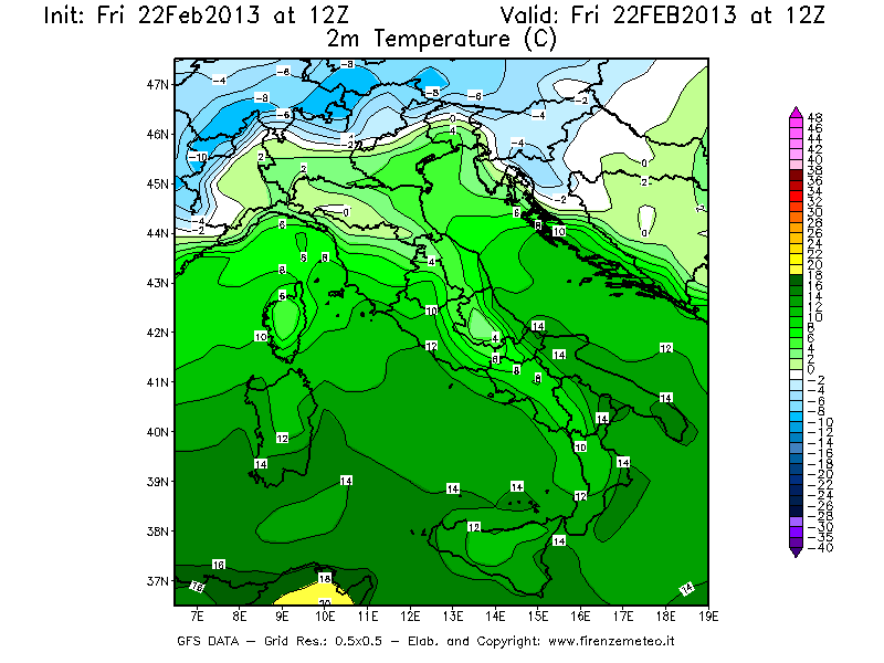 Mappa di analisi GFS - Temperatura a 2 metri dal suolo [°C] in Italia
							del 22/02/2013 12 <!--googleoff: index-->UTC<!--googleon: index-->