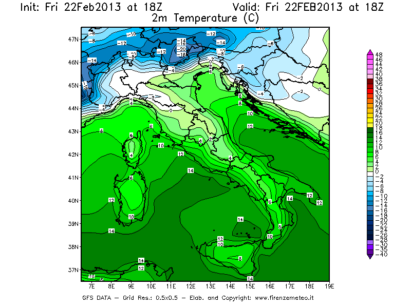 Mappa di analisi GFS - Temperatura a 2 metri dal suolo [°C] in Italia
							del 22/02/2013 18 <!--googleoff: index-->UTC<!--googleon: index-->