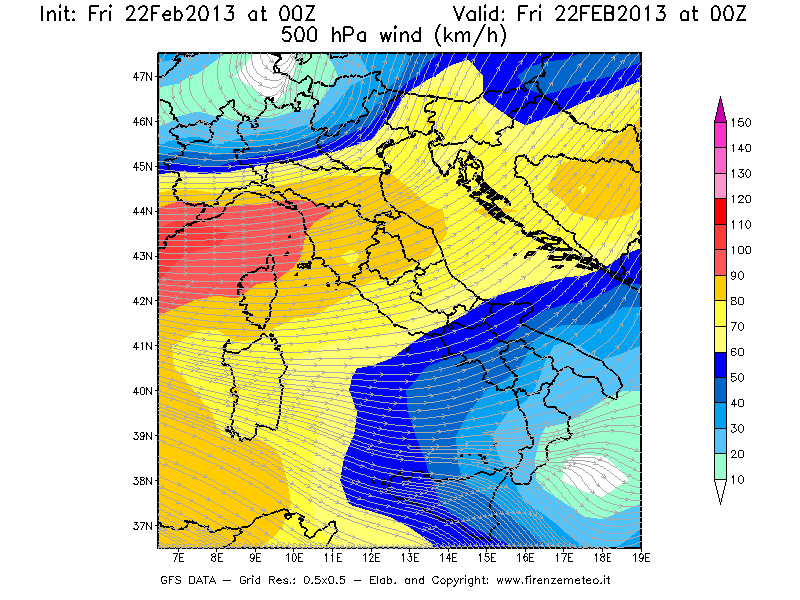Mappa di analisi GFS - Velocità del vento a 500 hPa [km/h] in Italia
							del 22/02/2013 00 <!--googleoff: index-->UTC<!--googleon: index-->