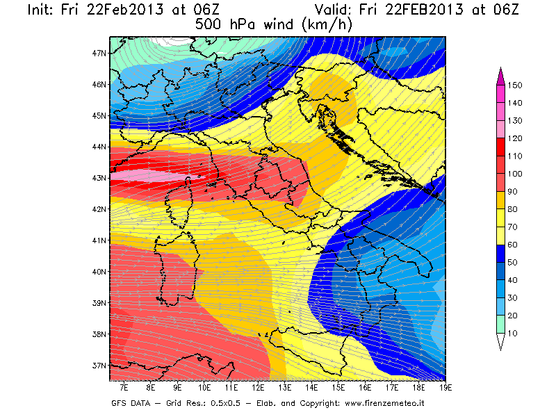 Mappa di analisi GFS - Velocità del vento a 500 hPa [km/h] in Italia
							del 22/02/2013 06 <!--googleoff: index-->UTC<!--googleon: index-->