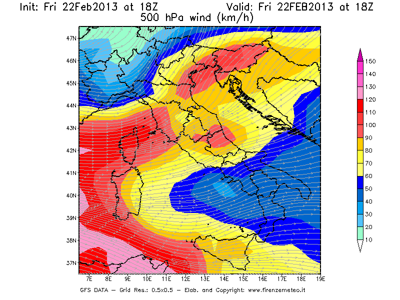 Mappa di analisi GFS - Velocità del vento a 500 hPa [km/h] in Italia
							del 22/02/2013 18 <!--googleoff: index-->UTC<!--googleon: index-->