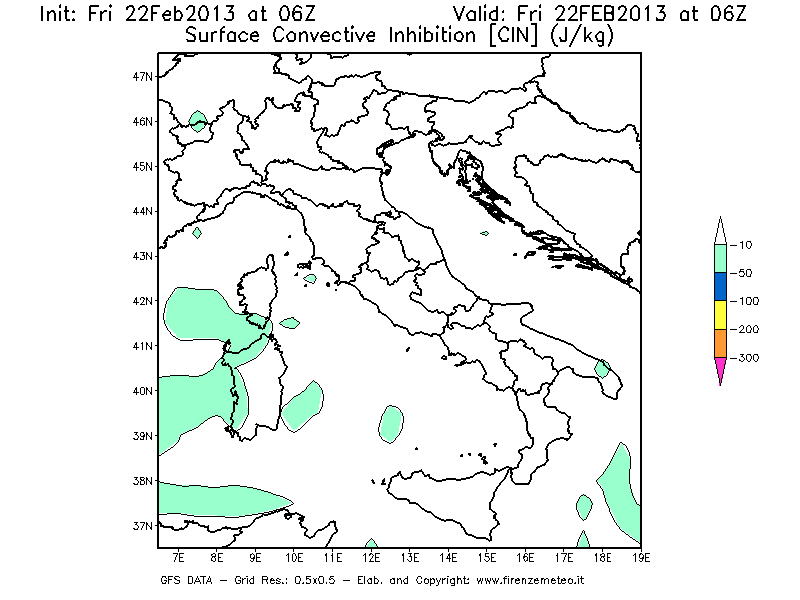 Mappa di analisi GFS - CIN [J/kg] in Italia
							del 22/02/2013 06 <!--googleoff: index-->UTC<!--googleon: index-->