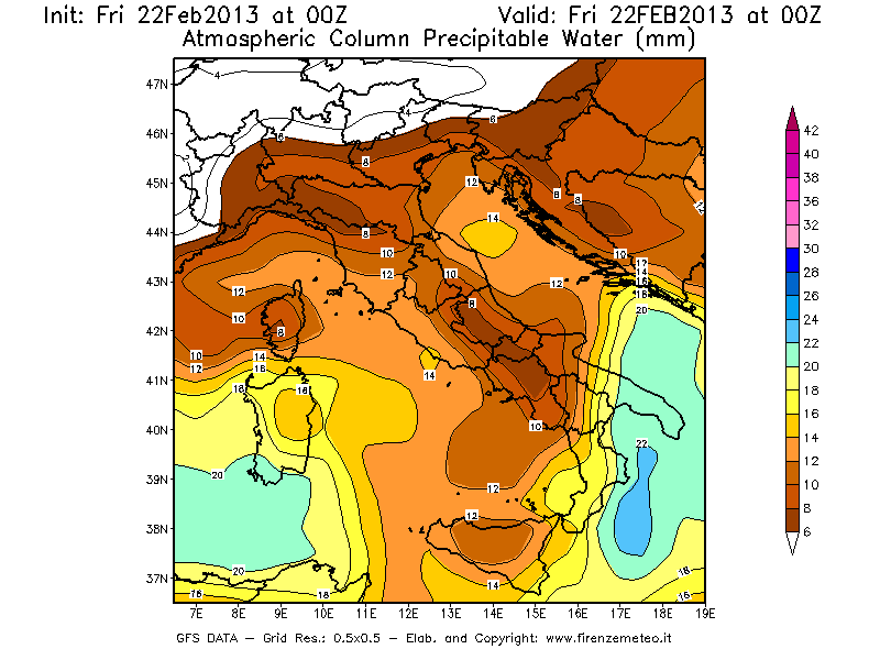 Mappa di analisi GFS - Precipitable Water [mm] in Italia
							del 22/02/2013 00 <!--googleoff: index-->UTC<!--googleon: index-->