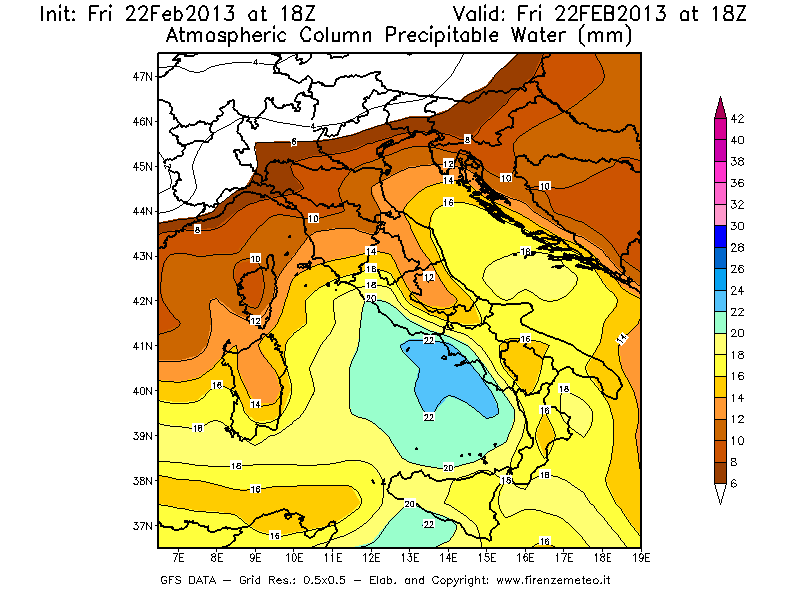 Mappa di analisi GFS - Precipitable Water [mm] in Italia
							del 22/02/2013 18 <!--googleoff: index-->UTC<!--googleon: index-->