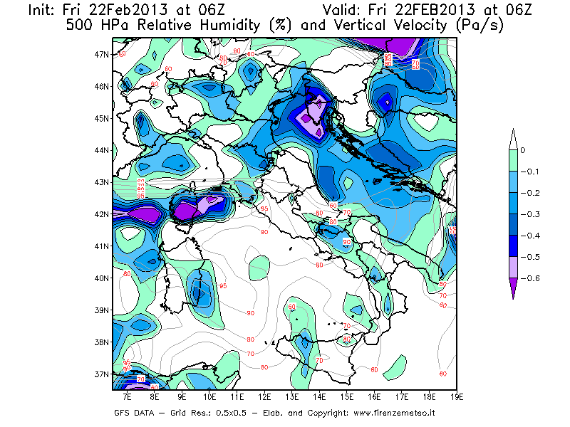 Mappa di analisi GFS - Umidità relativa [%] e Omega [Pa/s] a 500 hPa in Italia
							del 22/02/2013 06 <!--googleoff: index-->UTC<!--googleon: index-->