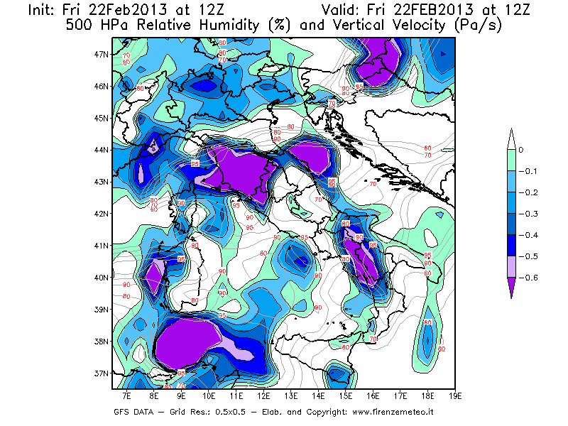 Mappa di analisi GFS - Umidità relativa [%] e Omega [Pa/s] a 500 hPa in Italia
							del 22/02/2013 12 <!--googleoff: index-->UTC<!--googleon: index-->
