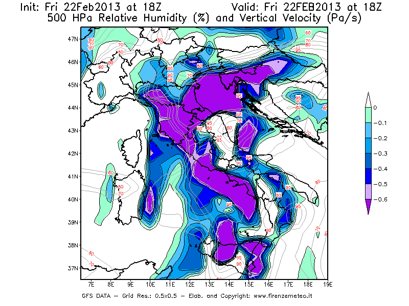 Mappa di analisi GFS - Umidità relativa [%] e Omega [Pa/s] a 500 hPa in Italia
							del 22/02/2013 18 <!--googleoff: index-->UTC<!--googleon: index-->