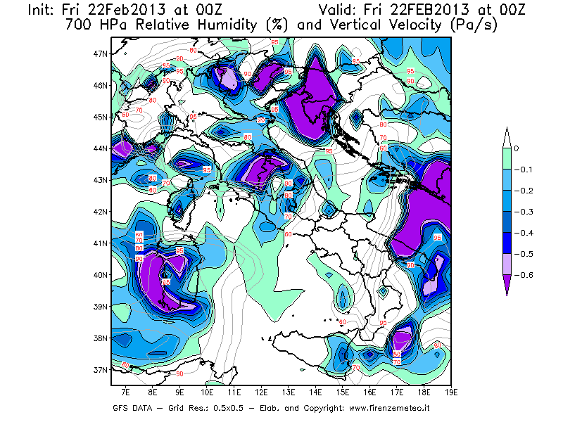 Mappa di analisi GFS - Umidità relativa [%] e Omega [Pa/s] a 700 hPa in Italia
							del 22/02/2013 00 <!--googleoff: index-->UTC<!--googleon: index-->