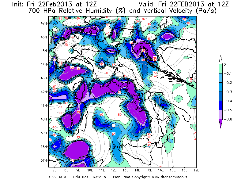 Mappa di analisi GFS - Umidità relativa [%] e Omega [Pa/s] a 700 hPa in Italia
							del 22/02/2013 12 <!--googleoff: index-->UTC<!--googleon: index-->