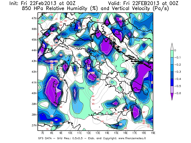 Mappa di analisi GFS - Umidità relativa [%] e Omega [Pa/s] a 850 hPa in Italia
							del 22/02/2013 00 <!--googleoff: index-->UTC<!--googleon: index-->