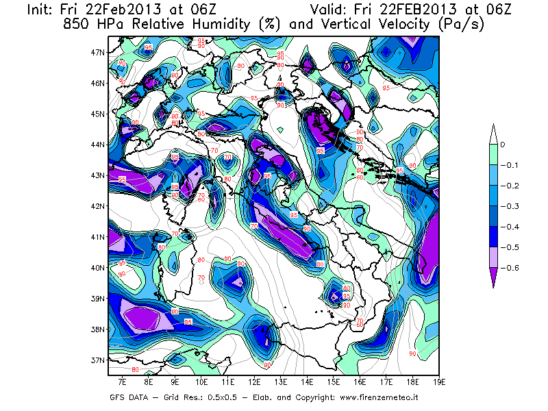 Mappa di analisi GFS - Umidità relativa [%] e Omega [Pa/s] a 850 hPa in Italia
							del 22/02/2013 06 <!--googleoff: index-->UTC<!--googleon: index-->