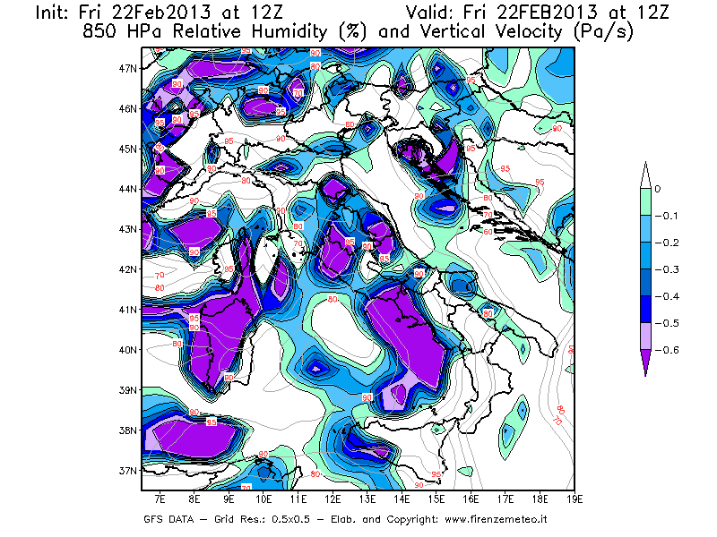 Mappa di analisi GFS - Umidità relativa [%] e Omega [Pa/s] a 850 hPa in Italia
							del 22/02/2013 12 <!--googleoff: index-->UTC<!--googleon: index-->