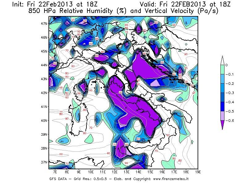 Mappa di analisi GFS - Umidità relativa [%] e Omega [Pa/s] a 850 hPa in Italia
							del 22/02/2013 18 <!--googleoff: index-->UTC<!--googleon: index-->